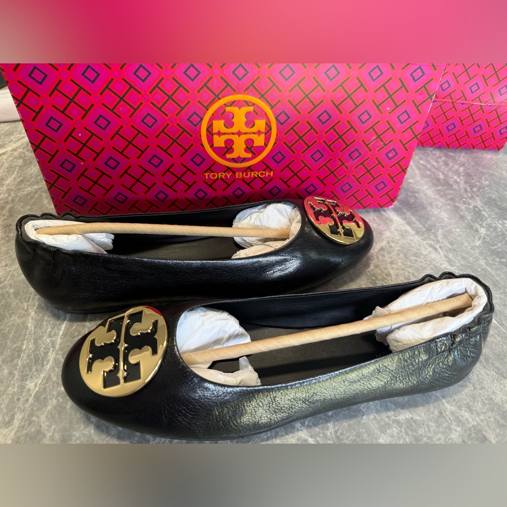 Tory Burch Black Flats with Gold Emblem